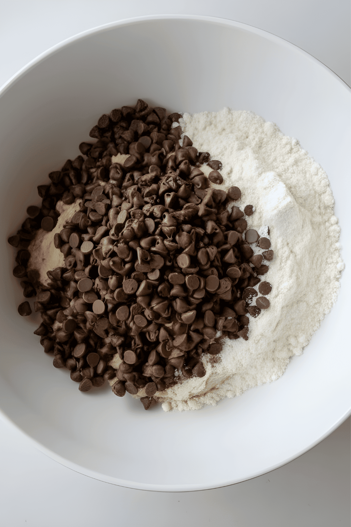 Flour and chocolate chips in a white bowl