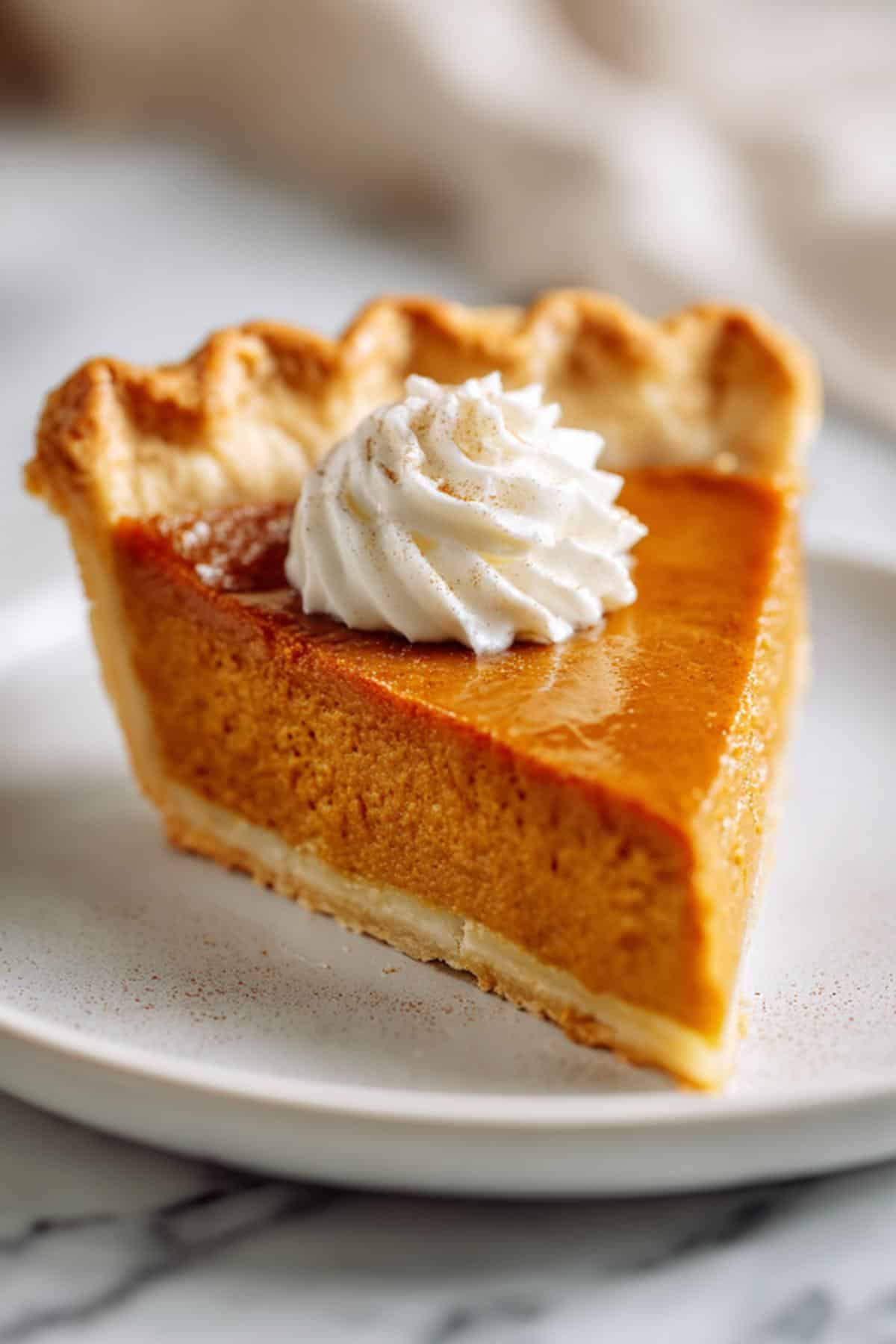 Creamy pumpkin pie slice topped with whipped cream on white plate.