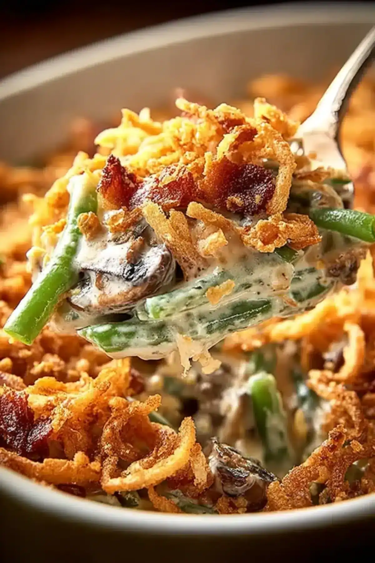 Crispy fried onion topping over creamy chicken and green bean casserole. Perfect comfort food for cozy meals.