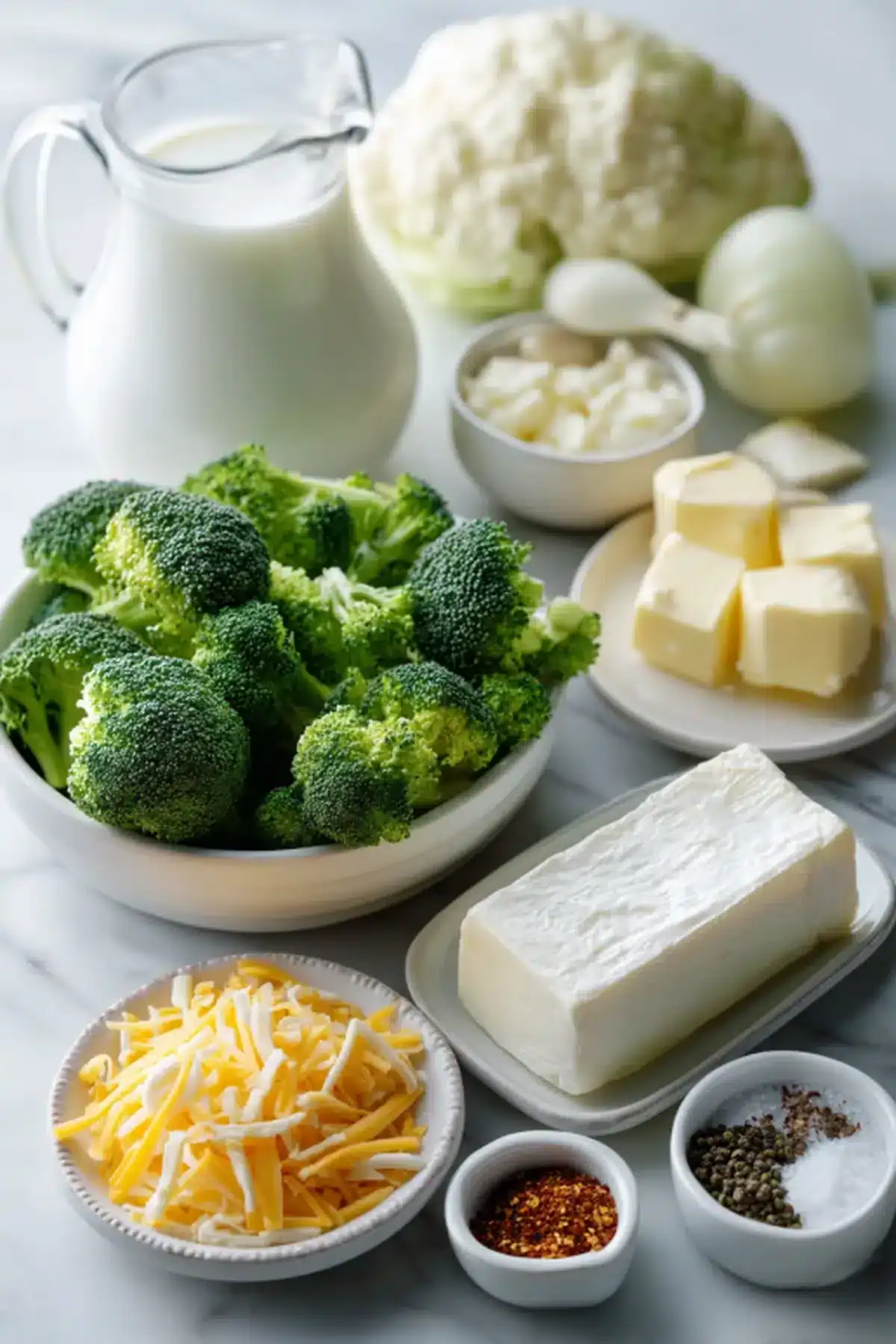 Rich dairy and vegetable ingredients for healthy cheese broccoli dishes.
