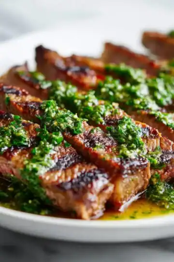 Juicy grilled steak topped with fresh chimichurri sauce, served on a white plate—delicious and flavorful meal.