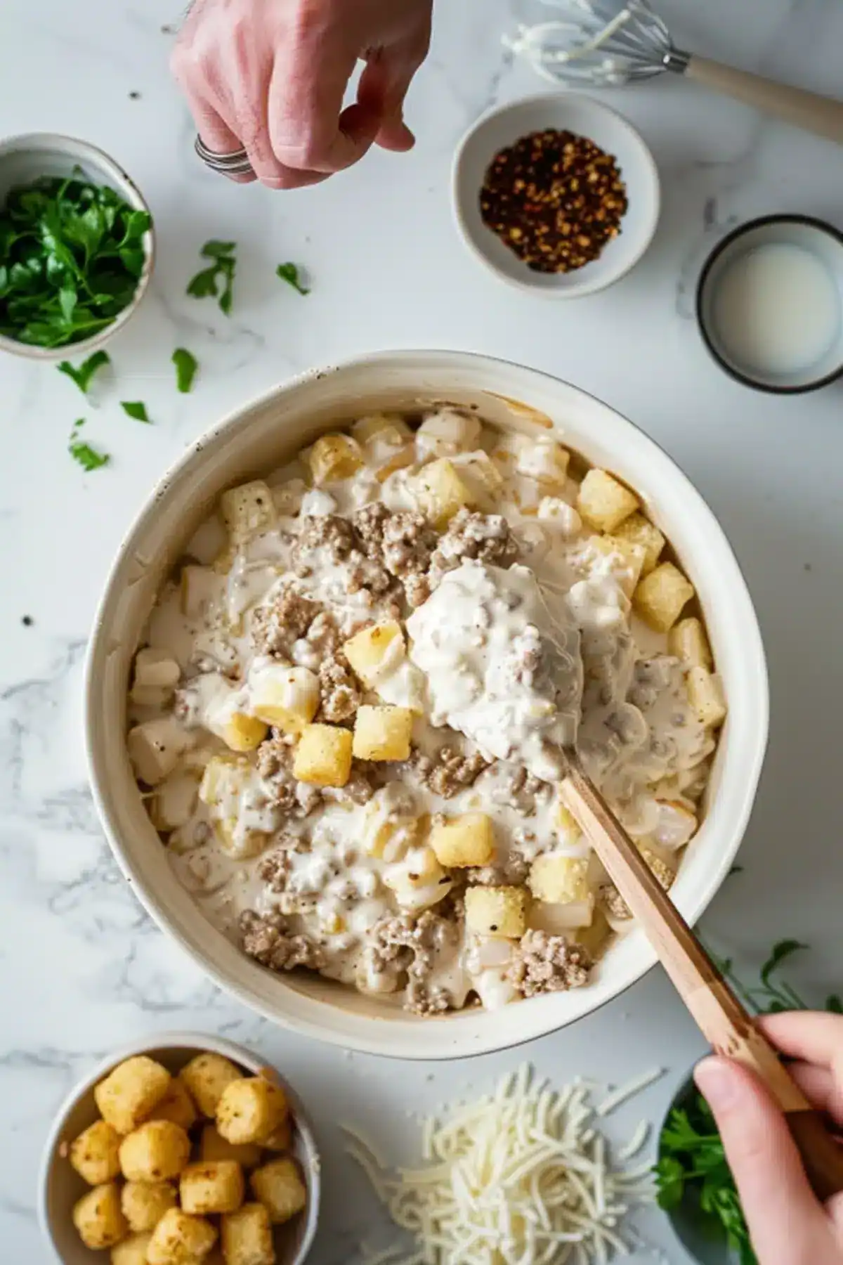 Delicious homemade tater tot casserole topped with cheese and herbs, ready to bake.