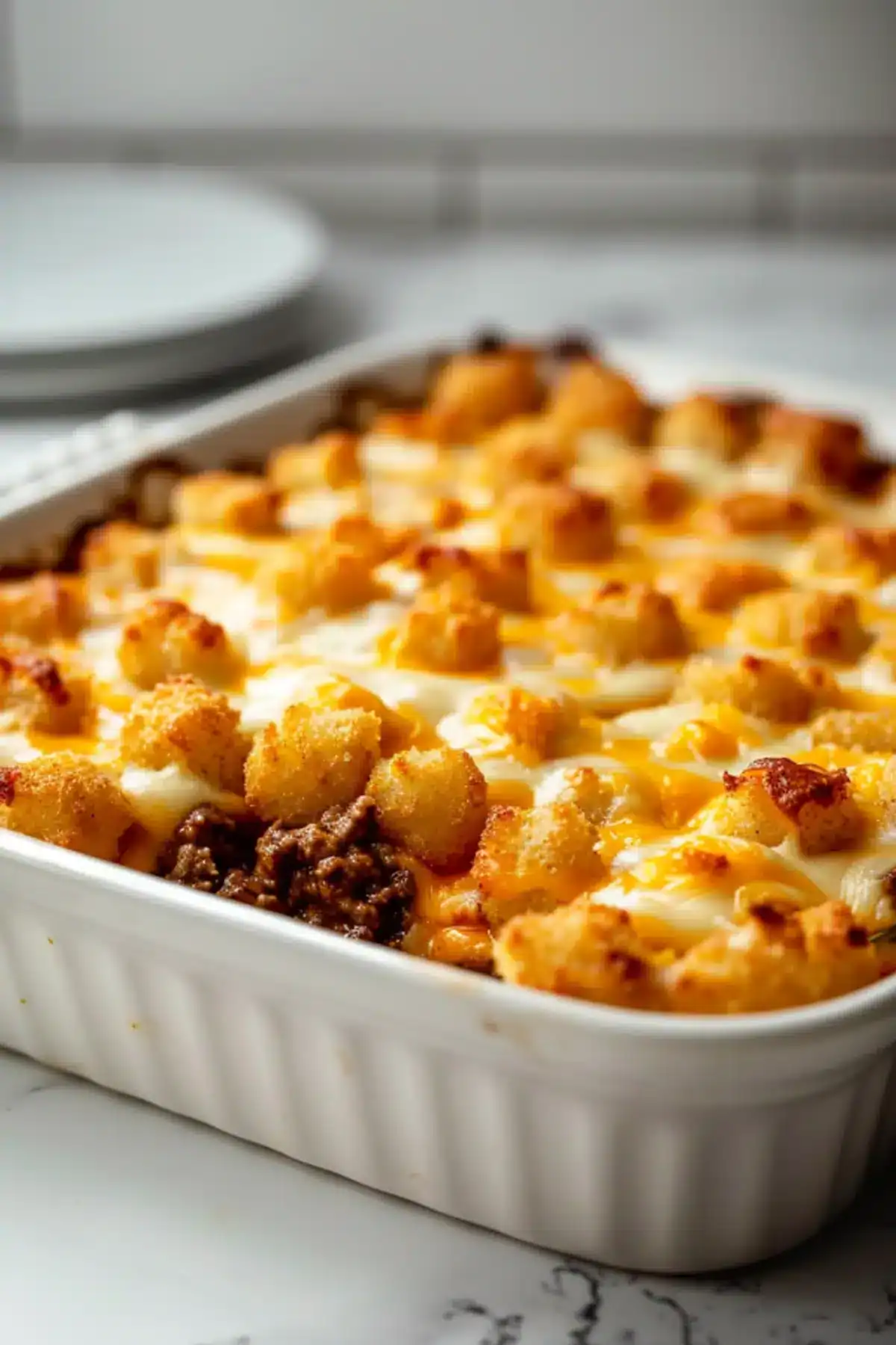 Delicious cheesy tater tot casserole with ground beef and crispy topping, perfect for a comforting f.
